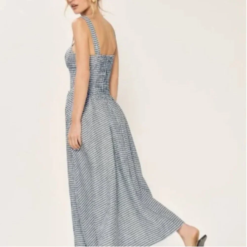 Reformation Balia Linen Dress in Slate Check - Picture 4 of 13